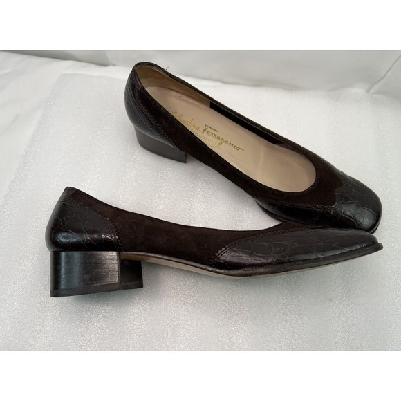 Salvatore Ferragamo Brown Suede Alligator Leather Block Heel Sz 8.5 A3 MSRP $849 - Picture 3 of 8